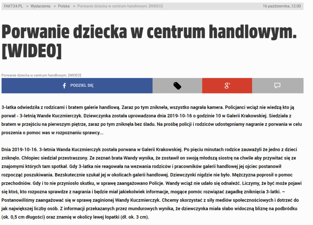 Porwanie dziecka w Galerii Krakowskiej to FAKE NEWS!