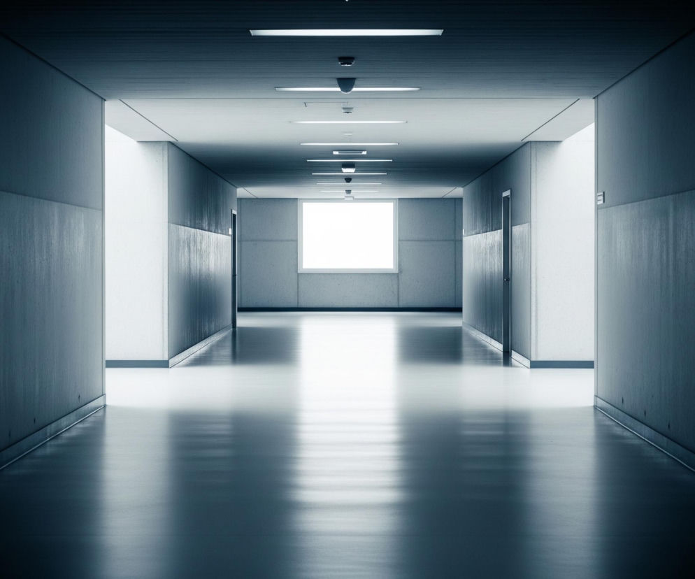 Długi, prosty korytarz, zwężający się ku środkowi, jest oświetlony blaskiem bijącym z dalekiego okna na wprost. Ściany boczne, utrzymane w ciemnym odcieniu szarości z niebieskim akcentem, wydają się matowe, kontrastując z jasnym, odbijającym światło sufitem i podłogą. Na suficie widać rzędy podłużnych, świetlówkowych lamp, które również rzucają delikatne refleksy na błyszczącą posadzkę, tworząc wrażenie głębi i perspektywy. Po obu stronach korytarza widoczne są fragmenty ciemnych drzwi.
