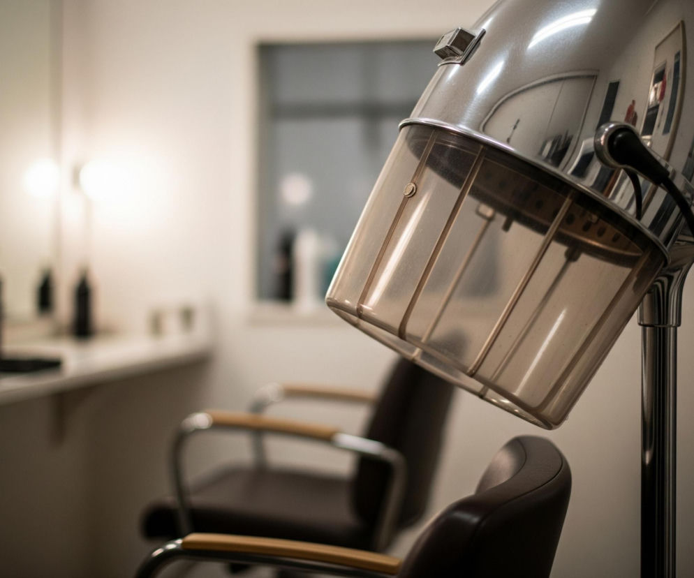 Na pierwszym planie, z prawej strony, dominuje metalowa suszarka fryzjerska z półprzezroczystą, brązową osłoną na głowę, zamocowana na błyszczącym, chromowanym statywie. Suszarka jest podłączona czarnym kablem. W tle widoczne są dwa ciemne fotele z drewnianymi podłokietnikami i chromowanymi ramami. Po lewej stronie, za fotelami, znajduje się biała półka, na której stoją ciemne butelki i odbija się lustro z widocznymi w nim lampami, emitującymi ciepłe, białe światło.