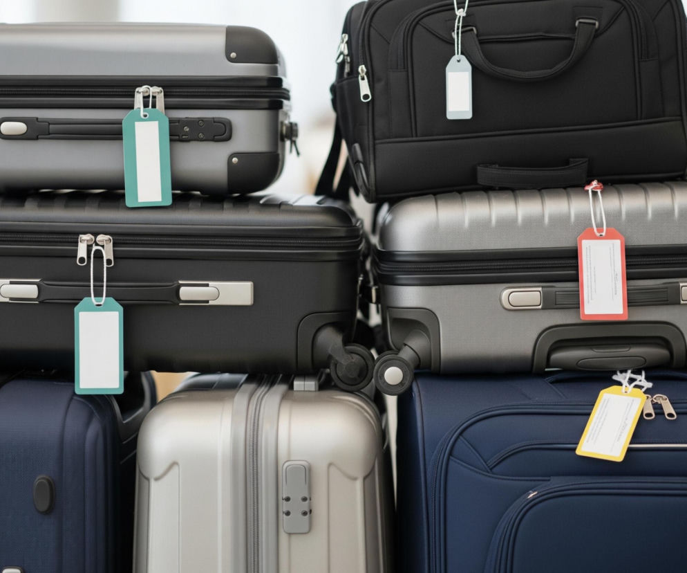 Stosy różnorodnego bagażu, w większości walizek na kółkach i toreb podróżnych. Po lewej stronie ułożone są pionowo trzy walizki: na dole granatowa, na niej czarna, a na samej górze szara, każda z zawieszoną niebieską etykietą bagażową. Po prawej stronie znajdują się również trzy sztuki bagażu: na dole granatowa walizka z żółtą etykietą, na niej szara walizka z czerwoną etykietą, a na szczycie czarna torba podróżna z jasnoszarą etykietą. Tło jest jasne i rozmyte.