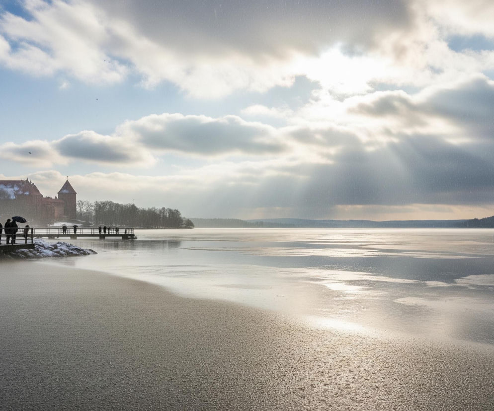 Zamarznięte jezioro z grupą ludzi na drewnianym pomoście dominuje centralną i dolną część kadru, pod lekko zachmurzonym, błękitnym niebem. Na lewym brzegu wznosi się ceglany zamek z czerwonymi dachami i spiczastymi wieżami, częściowo pokryty śniegiem, otoczony przez nagie drzewa. Promienie słońca przebijają się przez chmury po prawej stronie nieba, oświetlając taflę lodu i odbijając się od jej powierzchni, tworząc jasne pasma.