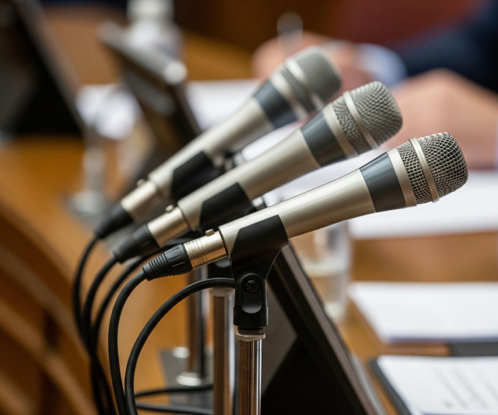 Na zdjęciu widoczne są trzy mikrofony studyjne ustawione w rzędzie na drewnianym stole, skierowane w prawą stronę obrazu. Mikrofony mają srebrne, metalowe korpusy i czarne elementy mocujące. Z każdego mikrofonu wychodzi czarny kabel, który prowadzi w dół i lekko w prawo. W tle, częściowo rozmazana, widoczna jest osoba w ciemnym garniturze i jasnej koszuli, trzymająca w dłoni długopis i pisząca po białej kartce papieru.