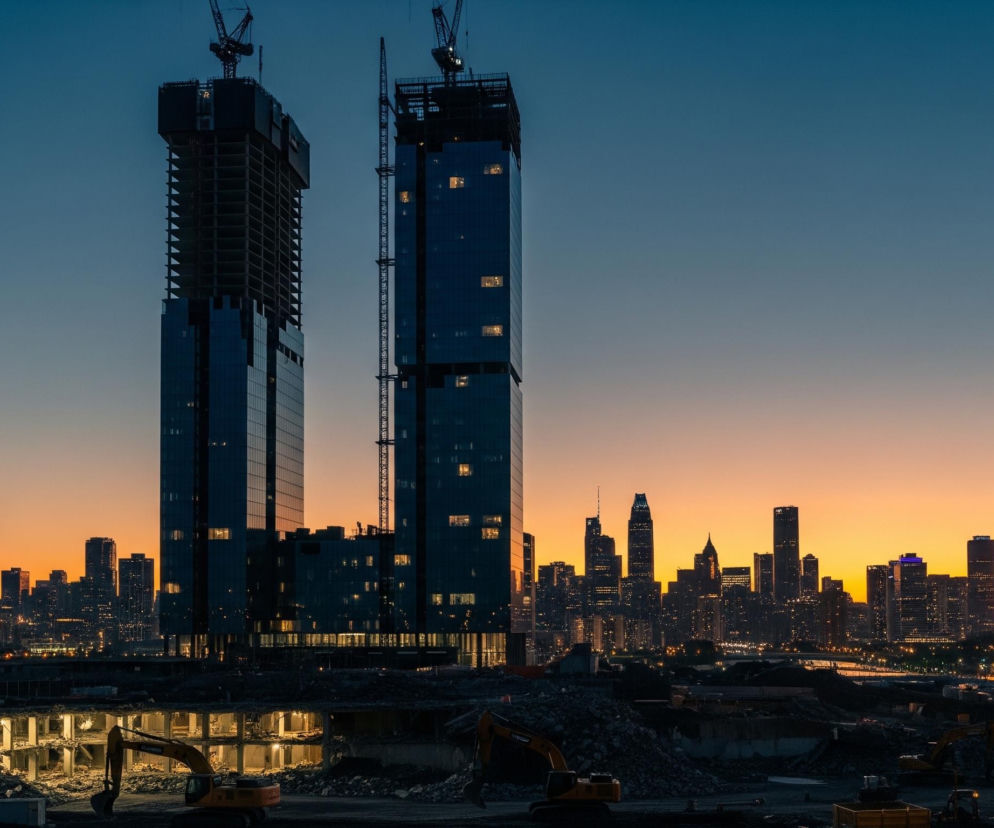 Dwa wysokie, nowoczesne wieżowce, częściowo w budowie, dominują w centralnej części kadru, z ciemnym, niemal czarnym rusztowaniem na ich szczytach. Na elewacji jednego z wieżowców widać wiele zapalonych, żółtych świateł w oknach. W tle rozciąga się panorama miasta z licznymi, podświetlonymi budynkami, gdzie niebo przechodzi od ciemnego błękitu u góry do intensywnego pomarańczowego i żółtego u horyzontu. Na pierwszym planie znajduje się plac budowy z gruzem, koparkami i częściowo zburzoną konstrukcją z zapalonymi światłami w jej wnętrzu.