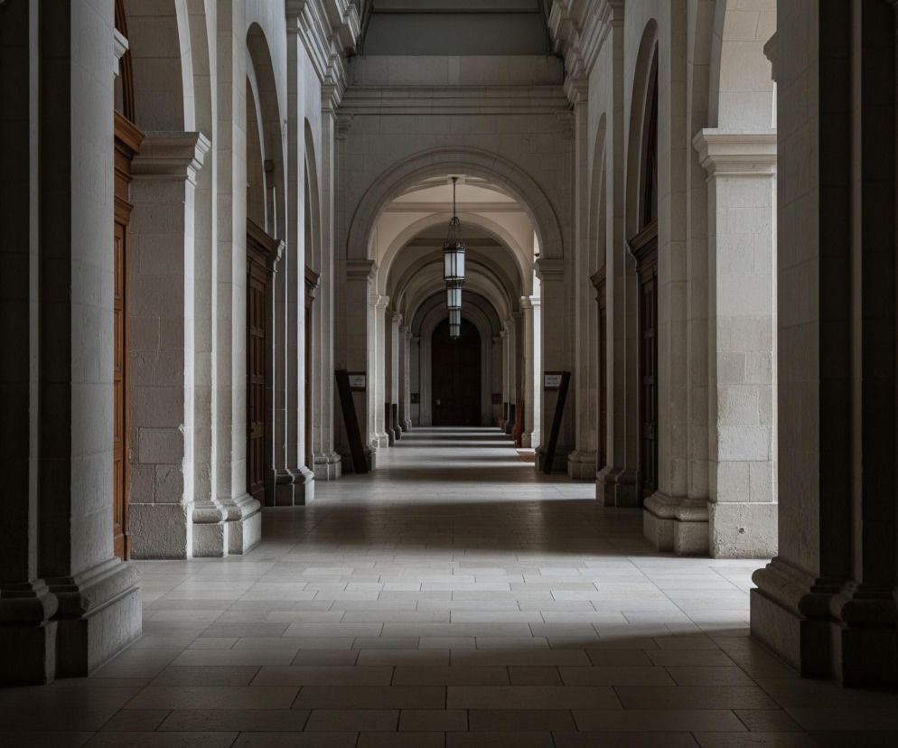 Długi korytarz z rzędami jasnych, kamiennych arkad i kolumn biegnie w głąb obrazu. Pomiędzy kolumnami widoczne są ciemne, drewniane drzwi i wnęki, a podłoga wyłożona jest jasnymi płytkami, na której widać cienie kolumn. W oddali, w centrum perspektywy, zwisa z sufitu podłużna, ciemna lampa z białymi, prostokątnymi kloszami.