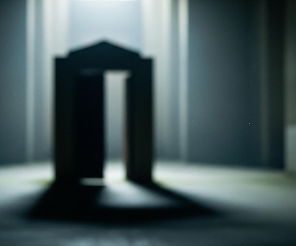 Centralnie umiejscowiona, ciemna, rozmazana sylwetka przypominająca drzwi z dwuspadowym dachem, stoi na jasnej podłodze, rzucając długi, ciemny cień w kierunku widza. Jasne światło pada zza konstrukcji, rozświetlając centralnie podłogę i górną część tła, jednocześnie delikatnie oświetlając drobne cząsteczki pyłu unoszące się w powietrzu. Po bokach widoczne są rozmyte, pionowe, ciemniejsze pasy, sugerujące ściany lub inne elementy architektoniczne. Cała scena utrzymana jest w chłodnych odcieniach szarości i błękitu, z wyraźnym efektem głębi ostrości, gdzie tylko światło i pył są względnie ostre.