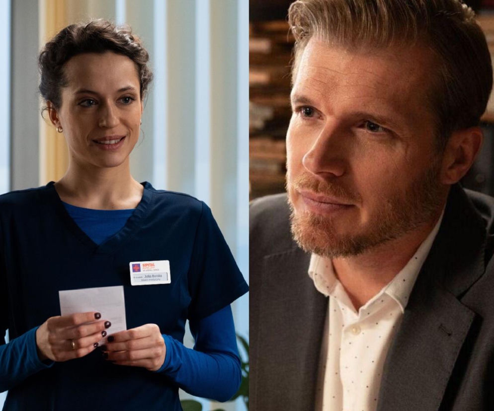 Julka Burska w granatowym stroju medycznym z identyfikatorem Szpital i Maks Beger w marynarce. Na zdjęciu aktorzy Aleksandra Hamkało i Tomasz Ciachorowski, którzy zagrają w 975 odcinku serialu Na dobre i na złe. Więcej o serialu znajdziesz na Super Seriale.