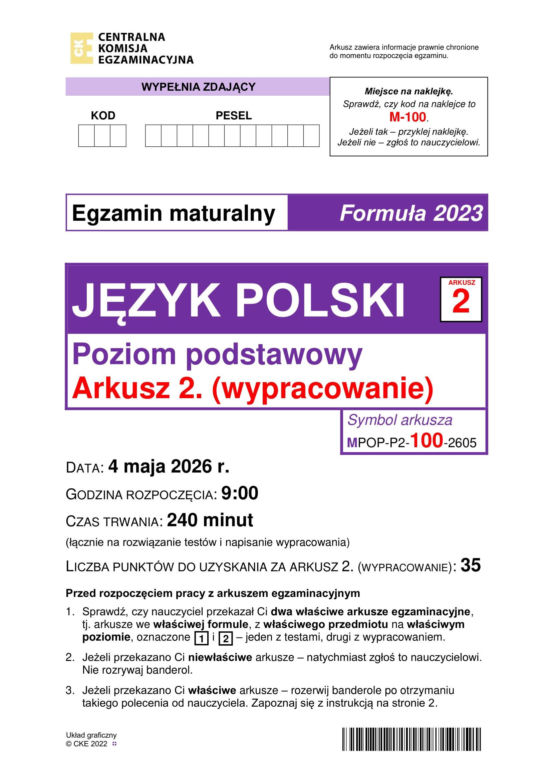 Matura 2026: polski 4.05.2026r. Arkusze CKE, poziom podstawowy [Formuła 2023]