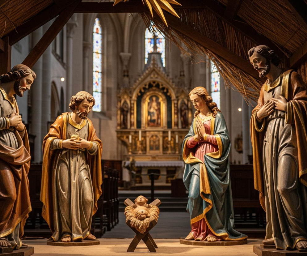 Rzeźbiona szopka bożonarodzeniowa z pięcioma figurami umieszczona jest w przedniej części, pod drewnianą konstrukcją z dachem pokrytym słomą. Na pierwszym planie, od lewej, stoją cztery postacie: dwóch mężczyzn w brązowych i szarych szatach, Dzieciątko Jezus leżące w żłóbku na ziemi oraz kobieta w różowo-niebieskich szatach ze złożonymi dłońmi, a obok niej kolejny mężczyzna w brązowo-szarych szatach. Tło stanowi wnętrze kościoła z ołtarzem głównym i witrażami w oknach, widoczne za figurami.