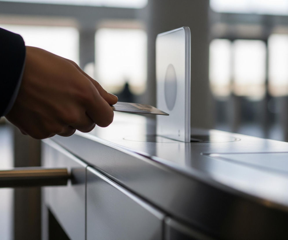Męska dłoń w ciemnym rękawie marynarki, trzymająca prostokątną kartę, zbliża ją do jasnoszarego czytnika umieszczonego w błyszczącej, metalowej barierce. Czytnik ma zaokrąglone rogi i okrągłe, ciemniejsze pole na środku, prawdopodobnie do skanowania. Tło stanowią rozmyte, jasne prostokąty, sugerujące okna lub szklane panele.