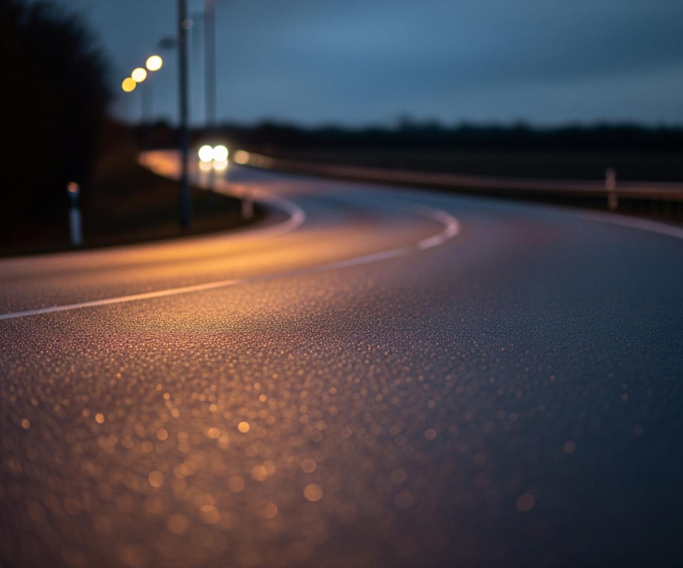 Asfaltowa droga, oświetlona pomarańczowym światłem, zakręca w prawo i biegnie w głąb obrazu. Na poboczu po lewej stronie drogi widoczne są latarnie uliczne, emitujące ciepłe, okrągłe światło. W oddali, na zakręcie, dostrzegalne są rozmyte, jasne światła nadjeżdżającego samochodu, a niebo nad horyzontem jest w odcieniach ciemnego granatu.