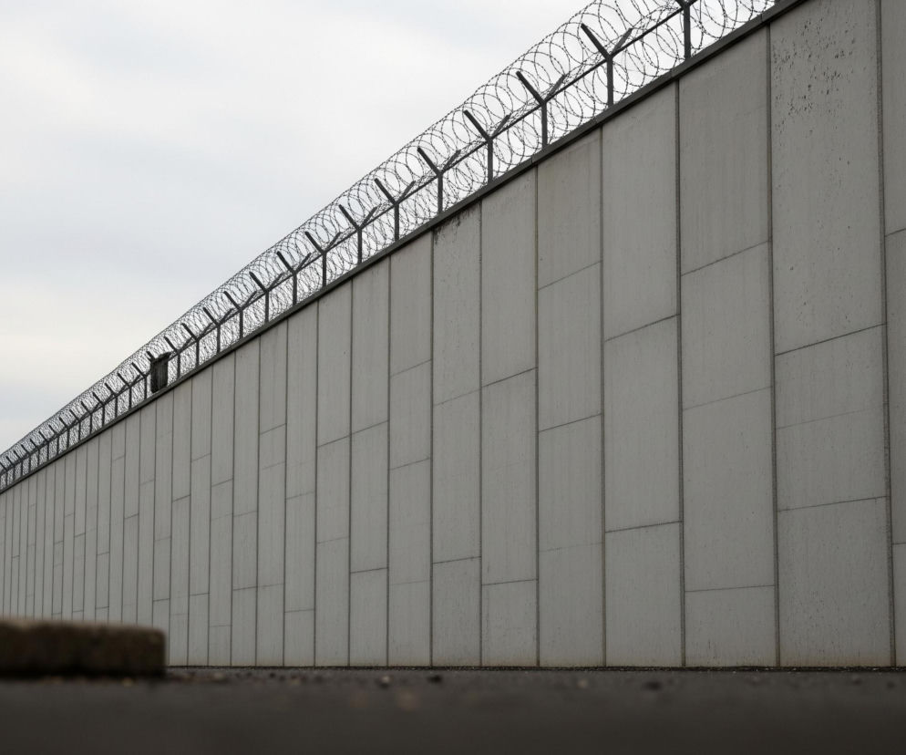 Długi, wysoki mur w kolorze szarym, zbudowany z prostokątnych paneli, rozciąga się w prawo i oddala w perspektywie, zbiegając się w lewej części obrazu. Na szczycie muru znajduje się rząd ostrych drutów kolczastych, ułożonych spiralnie na metalowych słupach w kształcie litery „Y”, biegnących przez całą jego długość. Podłoże w dolnej części obrazu jest ciemne i rozmyte, co tworzy wrażenie oglądania z niskiego punktu. Tło stanowi jasne, pochmurne niebo.