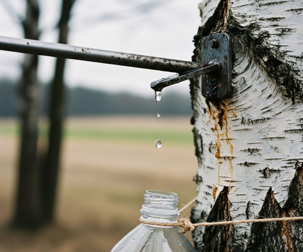Pozyskiwanie soku z brzozy: krople oskoły spływające z metalowej rurki do plastikowej butelki. Na Super Biznes przeczytasz o tym, jak legalnie i skutecznie zbierać sok brzozowy.