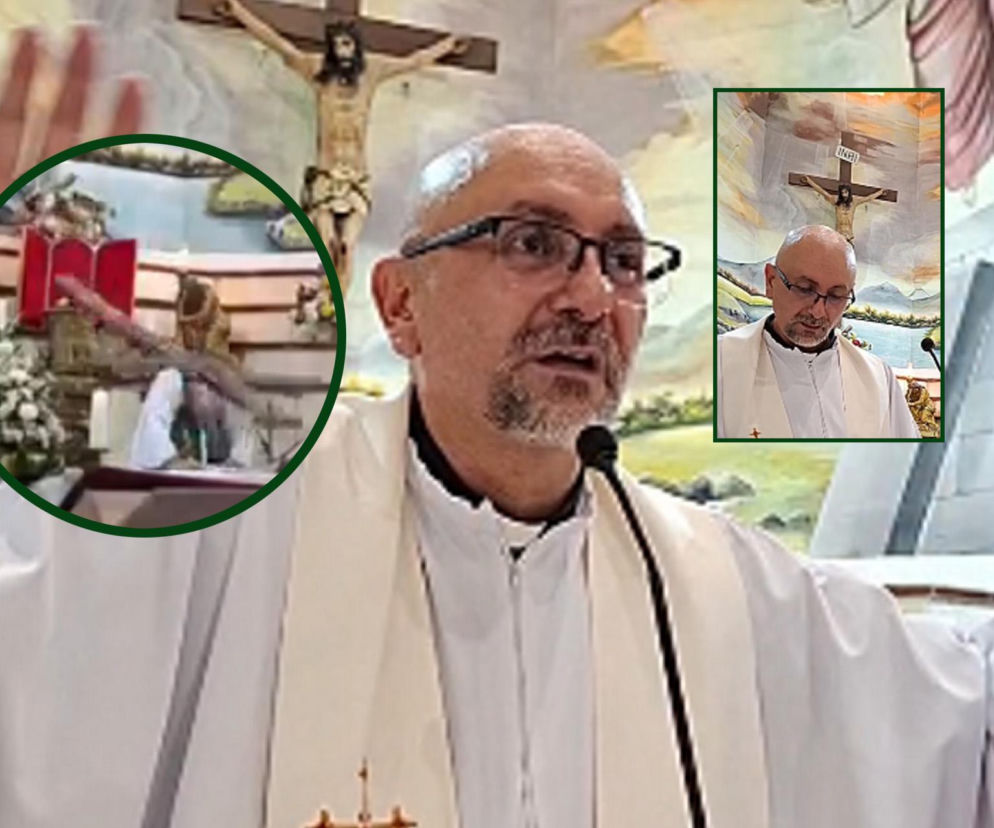 Ksiądz Patrico Sanchez. Na miniaturze obok moment uderzenia krzyża w duchownego. O tragedii w Ekwadorze przeczytasz w Eska.