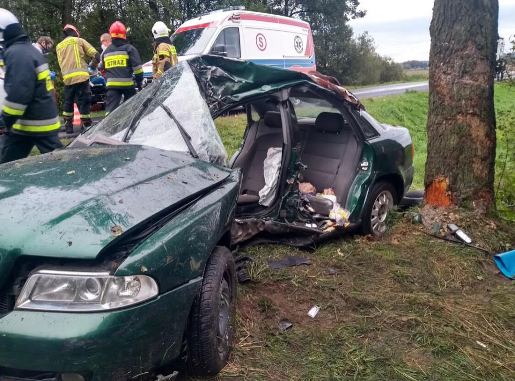 Poddębice. Finał podróży na drzewie, z audi została miazga! Cud, że wyszedł z TEGO żywo!