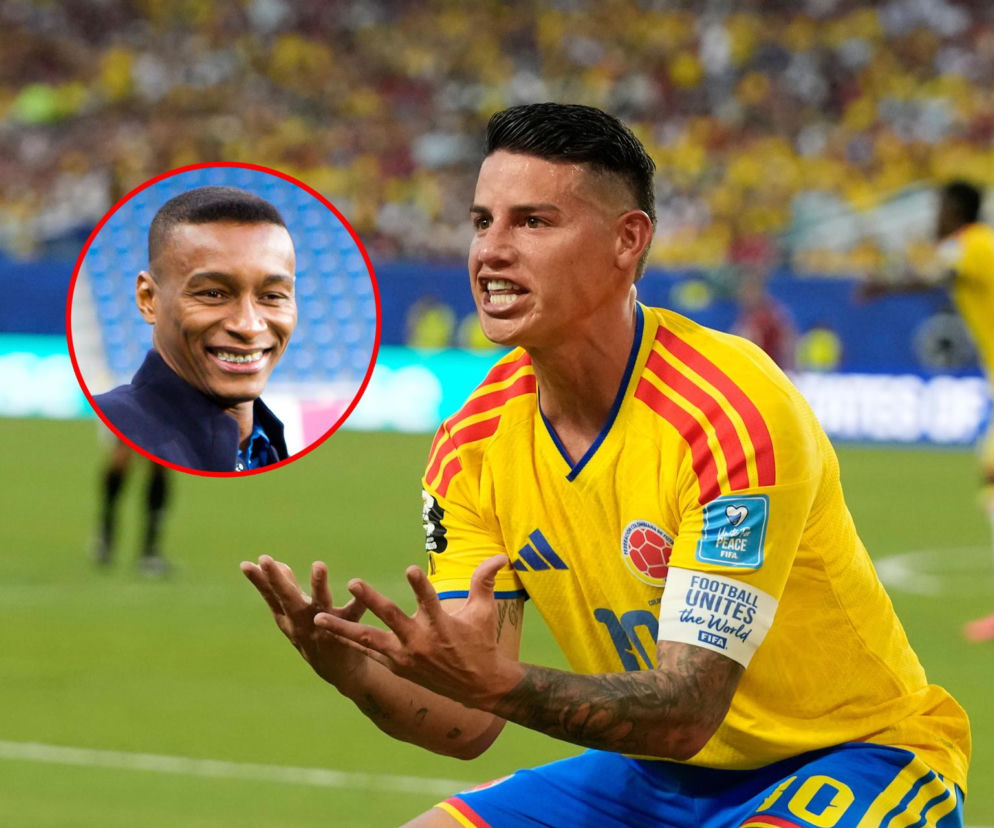 Piłkarz James Rodriguez z ekspresją na twarzy. Obok miniatura z uśmiechniętym Manuelem Arboledą. Czytaj w SE Supersport.