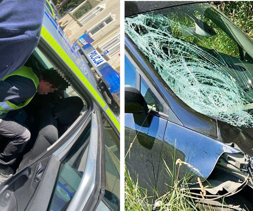 Policjant zatrzymuje mężczyznę w radiowozie. Obok zdjęcie rozbitego auta. O wypadku w Nysie przeczytasz na SE.