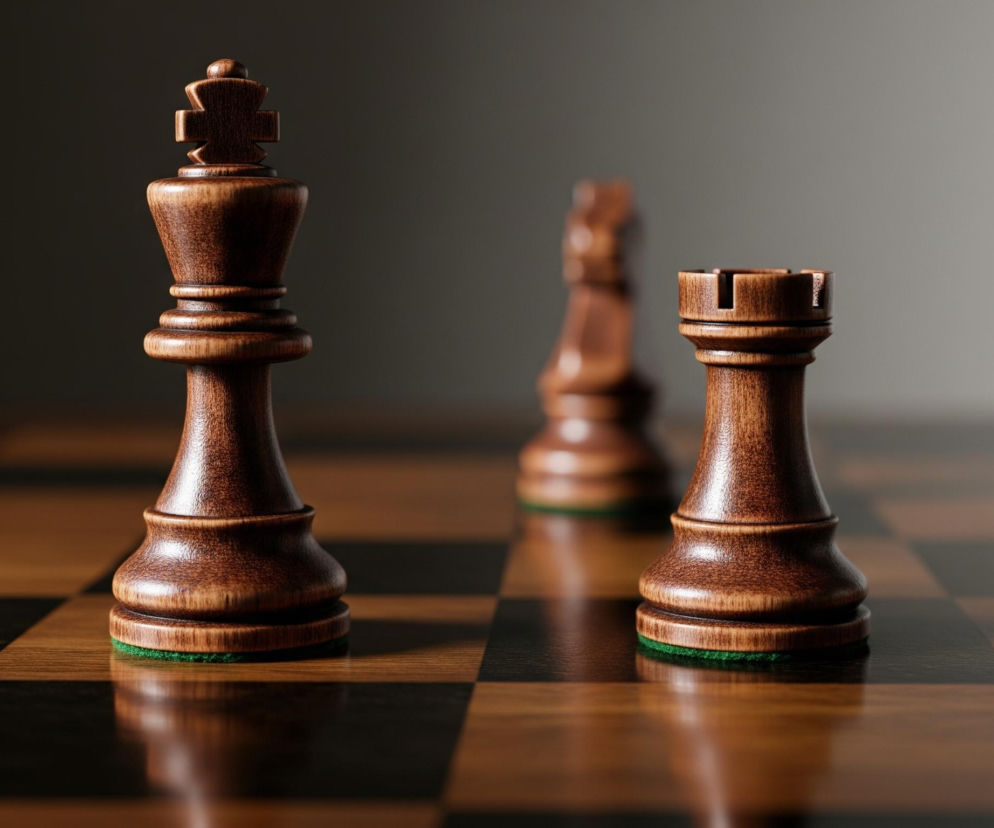 Na pierwszym planie, z lewej strony, stoi drewniany, ciemnobrązowy król szachowy z zielonym filcem u podstawy. Obok, na prawo, znajduje się drewniana, również ciemnobrązowa wieża, również z zielonym filcem, ustawiona nieco bliżej. Za nimi, w tle, widoczny jest niewyraźny kształt konika szachowego. Wszystkie figury umieszczone są na polach szachownicy o naprzemiennych ciemnobrązowych i jaśniejszych, miodowych kwadratach, odbijającej światło. Tło obrazu jest jednolite, szare, rozjaśniające się ku górze.