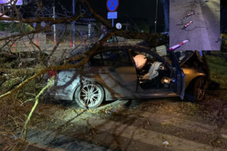 Nocny rajd. BMW skasowało kilkanaście słupków, znaki i ogrodzenie i drzewo
