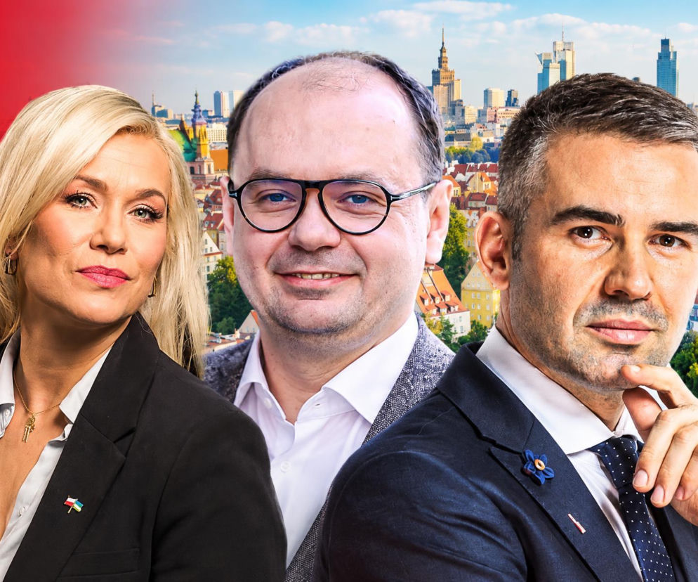 Kamila Biedrzycka, Maciej Berek i Przemysław Rosati na tle Warszawy. O sporze w TK przeczytasz na SE Polityka.