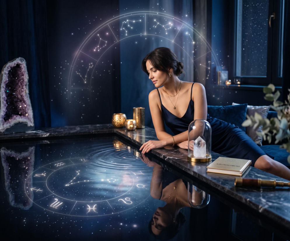 Kobieta w granatowej sukni siedzi przy basenie z gwiezdnym horoskopem. O znakach zodiaku przeczytasz na SE.