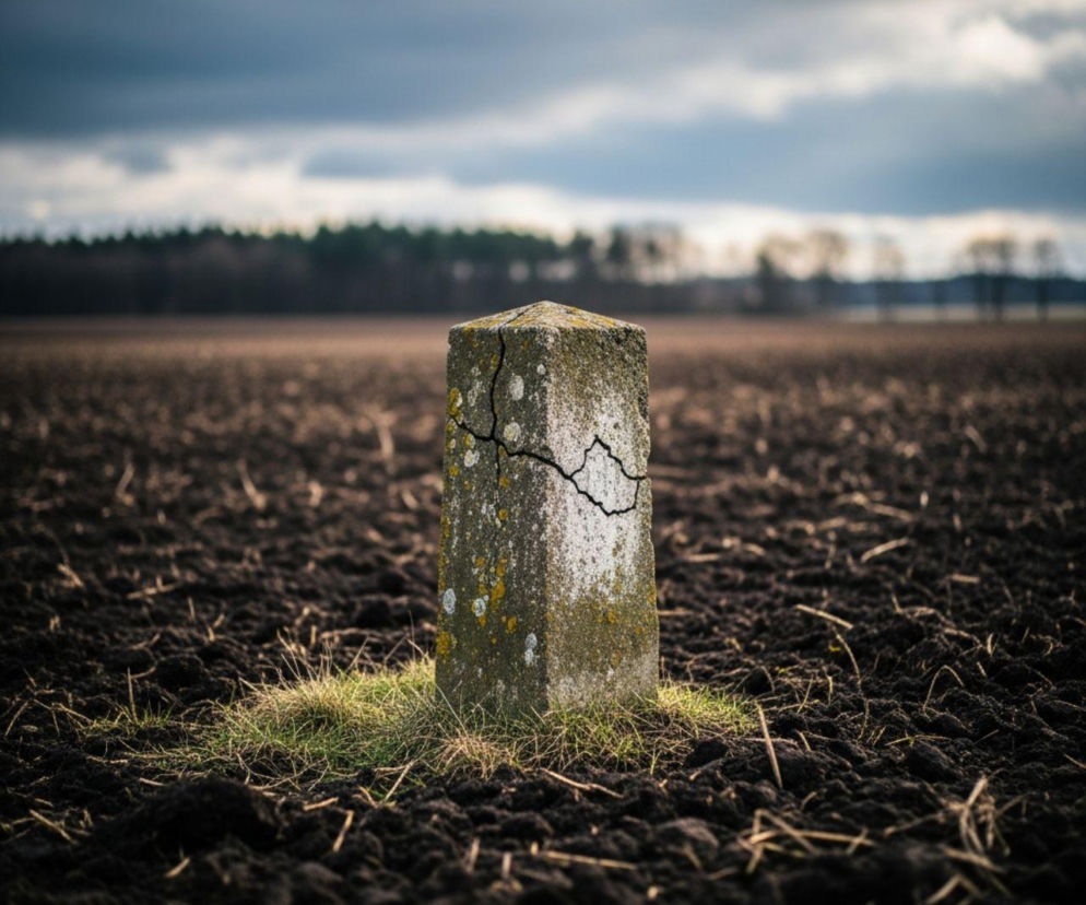 Stary, spękany słupek graniczny porośnięty mchem, stojący na zaoranym polu. W tle widoczny ciemny las i zachmurzone niebo. Obraz symbolizuje zmieniające się granice i wyzwania w rolnictwie, o których przeczytasz na Super Biznes.