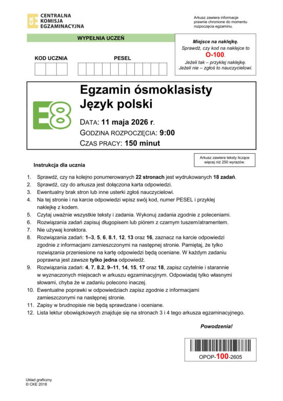 Egzamin ósmoklasisty 2026: polski 11.05.2026 r. Arkusze CKE