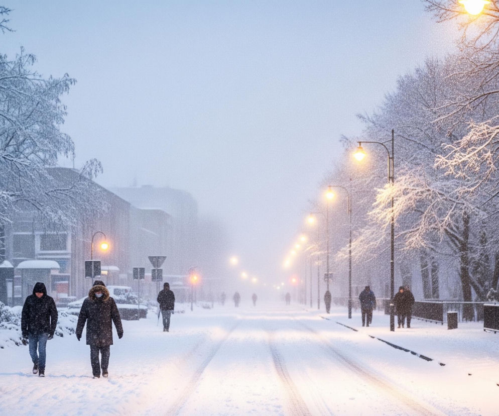 Ulica pokryta grubą warstwą śniegu rozciąga się w głąb kadru, tworząc białą perspektywę. Po obu stronach drogi rosną drzewa z nagimi gałęziami, również obficie pokrytymi śniegiem. Wzdłuż ulicy rozmieszczone są latarnie o ciepłym, żółtym świetle, które delikatnie rozświetlają padający śnieg i otoczenie. Kilka osób w grubych, ciemnych kurtkach i czapkach idzie chodnikami i środkiem drogi, ich sylwetki zlewają się z zimowym tłem. Mglista atmosfera i padający śnieg nadają scenie spokojny, choć surowy charakter.
