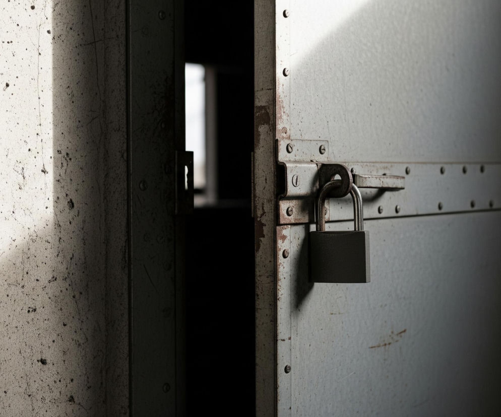 Kłódka w ciemnoszarym kolorze zawieszona jest na metalowych uszach wystających z jasnoszarych drzwi, które są częściowo otwarte. Widoczny jest wąski, pionowy pas jasnego światła w otwartej szczelinie. Lewa strona obrazu to fragment betonowej ściany w kolorze beżowym, pokrytej licznymi ciemnymi plamkami i drobnymi pęknięciami, na której leży rozmyty cień. Drzwi, z widocznymi nitami i przetarciami wskazującymi na rdzę w dolnej części, są oświetlone z góry po prawej stronie.