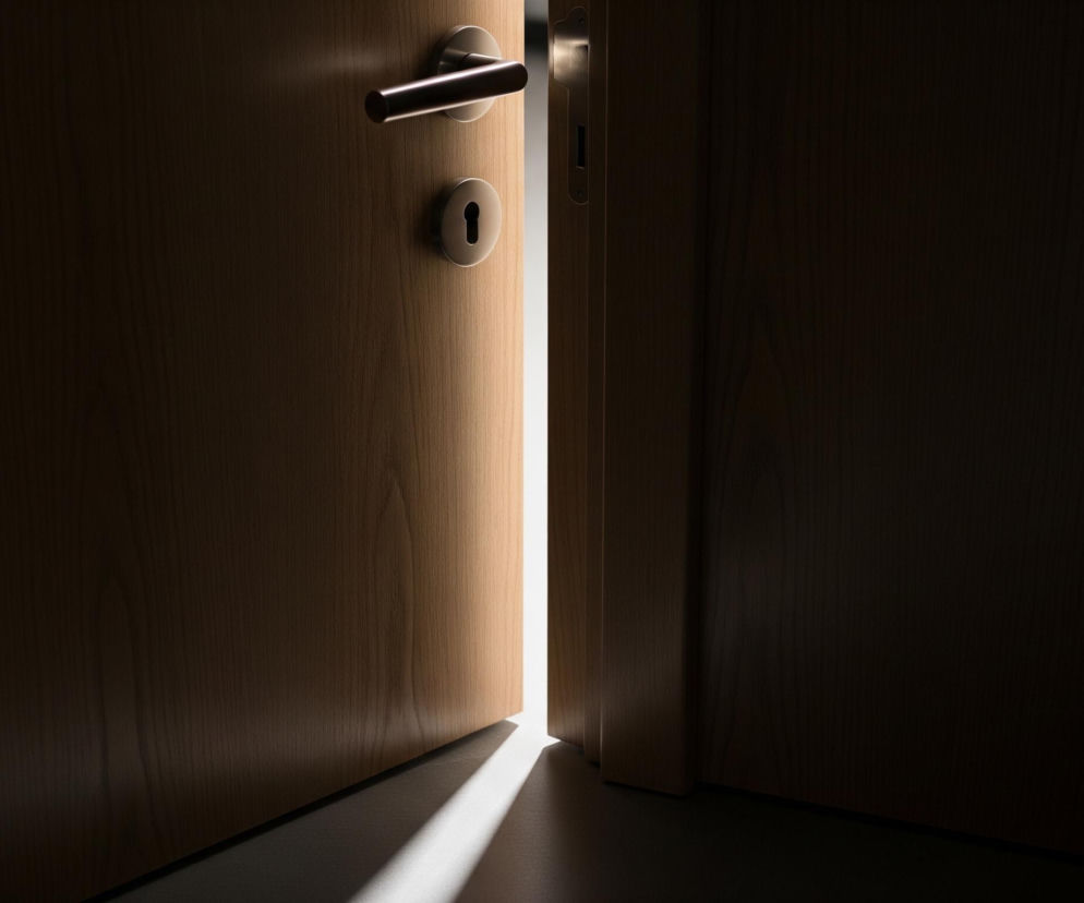 Otworzone, jasne, wąskie światło rozjaśnia szczelinę między dwoma ciemnymi drzwiami, z których jedno jest delikatnie uchylone. Lewe, drewniane drzwi mają srebrną klamkę i wkładkę zamka, a ich powierzchnia jest częściowo oświetlona, uwydatniając delikatną fakturę drewna. Prawa strona kadru oraz dalsza część prawych drzwi toną w głębokim cieniu, tworząc kontrast z jasnym pionowym pasem światła, który pada również ukośnie na podłogę.