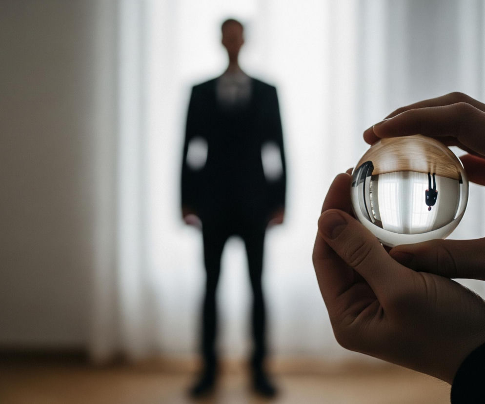 Dwie dłonie, z prawej strony kadru, trzymają przeźroczystą, szklaną kulę. W kuli odbija się do góry nogami sylwetka człowieka w garniturze, stojącego na tle jasnego okna, a także fragment drewnianego sufitu. W tle, za dłońmi, widać niewyraźną, ciemną sylwetkę mężczyzny w garniturze, stojącego na jasnej, drewnianej podłodze, przed białymi zasłonami. Całość utrzymana jest w stonowanych barwach bieli, szarości i brązów, z mocnym kontrastem między jasnym tłem a ciemnymi sylwetkami.