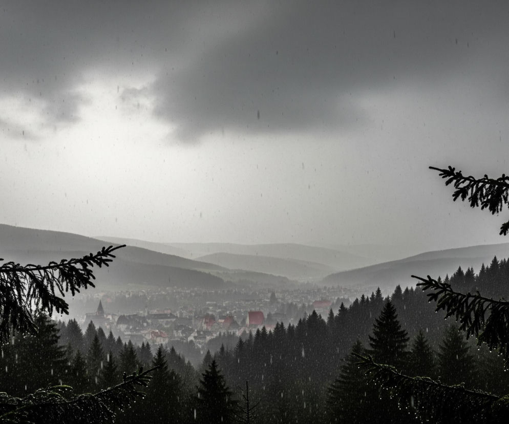 Gęste, ciemne chmury dominują na niebie, tworząc ponury, deszczowy krajobraz. Z nieba spadają liczne, drobne krople deszczu, widoczne jako jasne smugi na tle ciemniejszych tonacji. W oddali, pośrodku horyzontu, leży miasto z licznymi budynkami o czerwonych dachach i widoczną wieżą kościoła, otoczone przez wzgórza i gęste lasy iglaste, które zlewają się w ciemne sylwetki. Na pierwszym planie, gałęzie iglastych drzew, mocno nasycone wodą i lśniące od kropel deszczu, wcinają się w obraz, tworząc naturalną ramę po bokach i u góry.