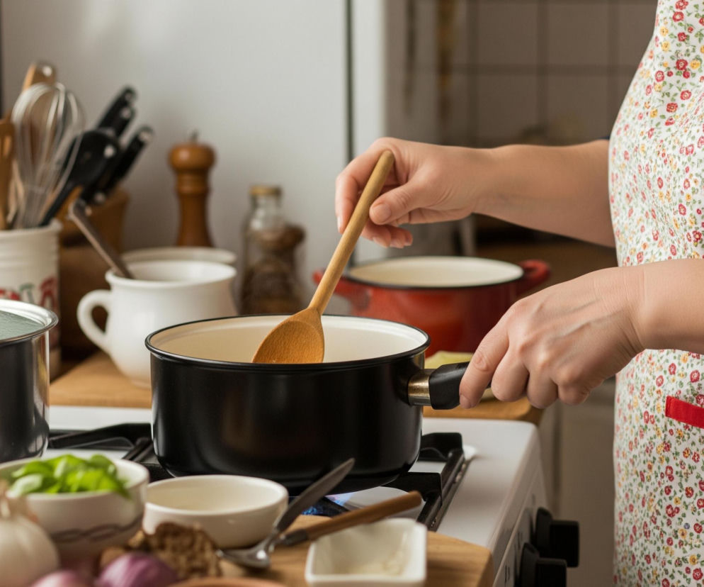 Kobieta w kolorowym fartuchu w kwiaty, z czerwoną lamówką, miesza drewnianą łyżką zawartość czarnego garnka stojącego na gazowej kuchence. Obok znajduje się większy, srebrny garnek z pokrywką oraz liczne akcesoria kuchenne: dzbanek z drewnianymi łyżkami i trzepaczkami, małe miseczki z jedzeniem (m.in. czosnek, czerwona cebula, zielone liście), a także przyprawniki. Tło stanowią białe kafelki i drewniany blat, a z lewej strony wpada światło dzienne.