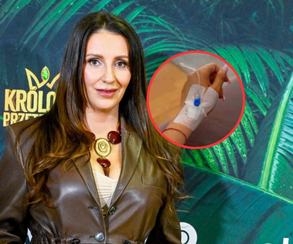 Dominika Serowska, na miniaturze ręka osoby z wenflonem i kroplówką. O zdrowiu ciężarnej partnerki Hakiela czytaj na SE.