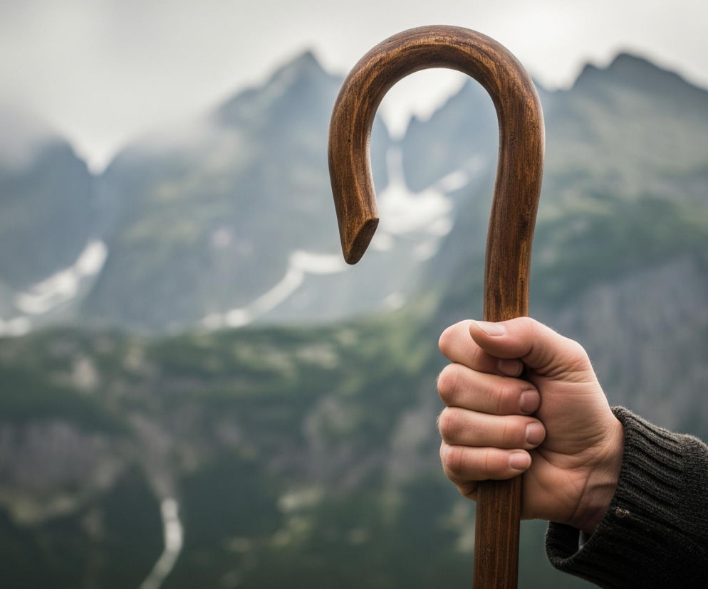 Na pierwszym planie, w prawej części kadru, znajduje się dłoń osoby trzymającej drewnianą laskę pasterską. Laska ma zakrzywiony, brązowy uchwyt, z widoczną fakturą drewna. Osoba ubrana jest w ciemnoszary, dziergany sweter, z widocznymi prążkami. Tło stanowią rozległe góry, częściowo pokryte zieloną roślinnością i widocznymi płatami śniegu, lub lodowca.