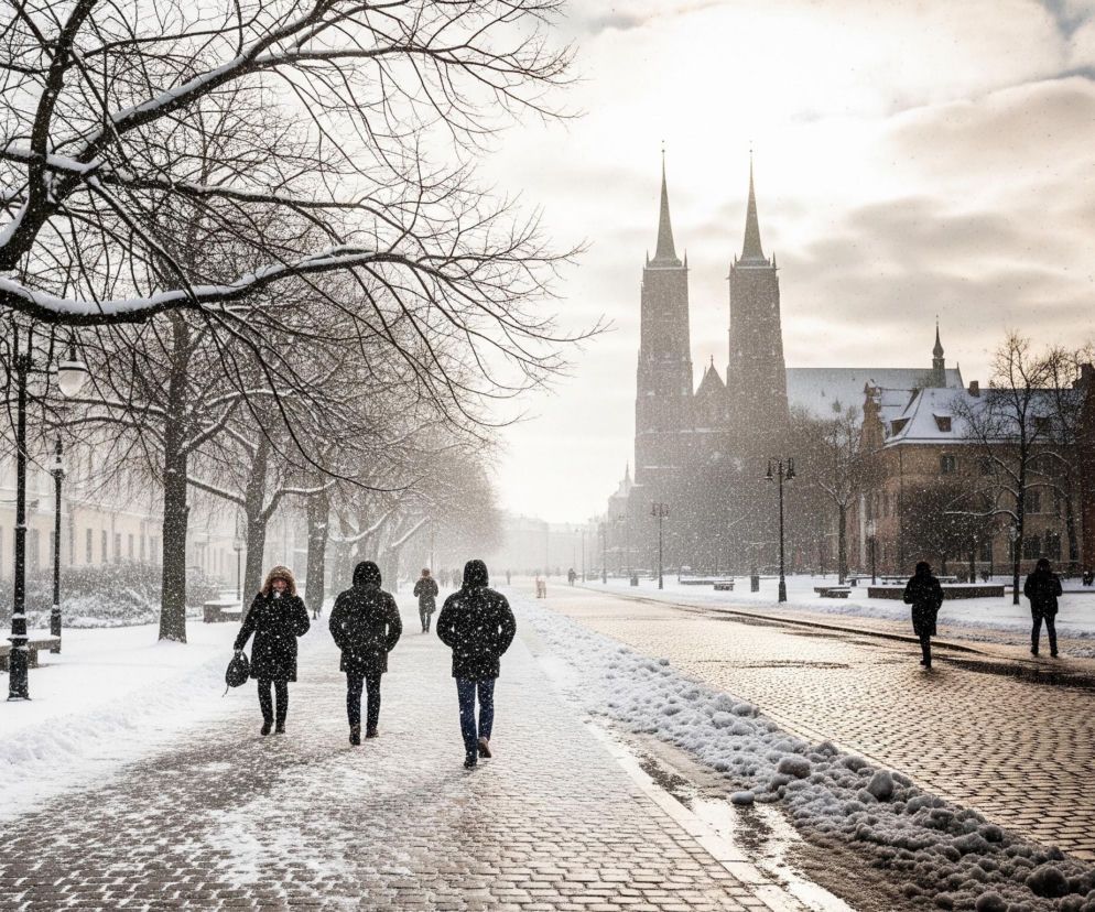 Zasypana śniegiem ulica wyłożona kostką brukową ciągnie się przez środek kadru, a po obu jej stronach leży śnieg. W tle dominują dwie wysokie, ciemne wieże gotyckiego kościoła, widoczne pod jasnym, zachmurzonym niebem, z którego padają liczne płatki śniegu, oświetlone przez słońce z prawej strony. Po lewej stronie widać zaśnieżone drzewa z nagimi gałęziami, a także kilka osób ubranych w ciemne płaszcze, idących wzdłuż ulicy.