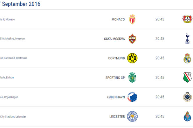 Liga Mistrzów 27.09.2016 - TERMINARZ, MECZE