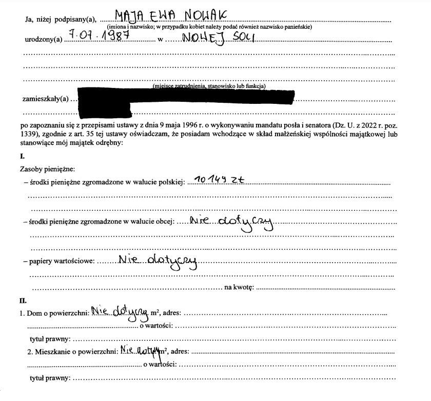 Fragment oświadczenia majątkowego