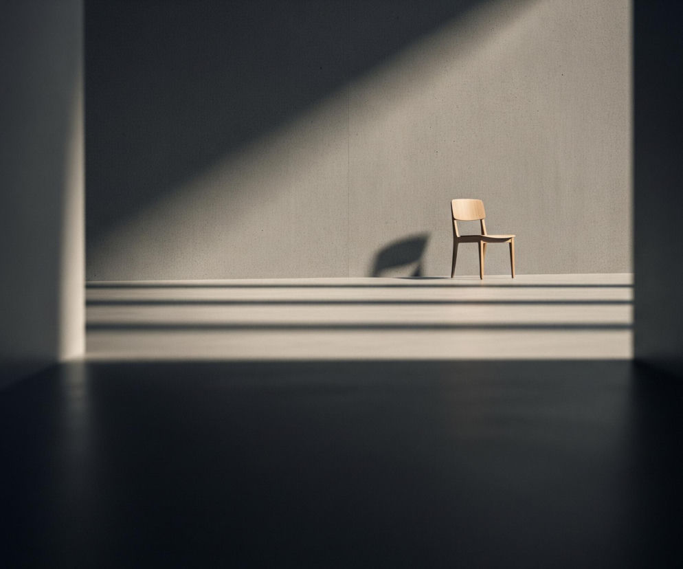 Centralnie na obrazie stoi prosty, jasnobrązowy drewniany taboret z niskim oparciem, rzucający wyraźny, ciemny cień na podłogę i ścianę za sobą. Taboret umieszczony jest na jasnej, beżowo-szarej podłodze, która przechodzi w taką samą ścianę w tle. Na tej ścianie i podłodze widoczne są ostre, geometryczne cienie padające z góry i z lewej strony, tworzące wzór jasnych i ciemnych pasów. Obramowanie kompozycji po lewej i prawej stronie stanowi ciemne, matowe tło, sugerujące korytarz lub wejście, w którym panuje głęboki cień.