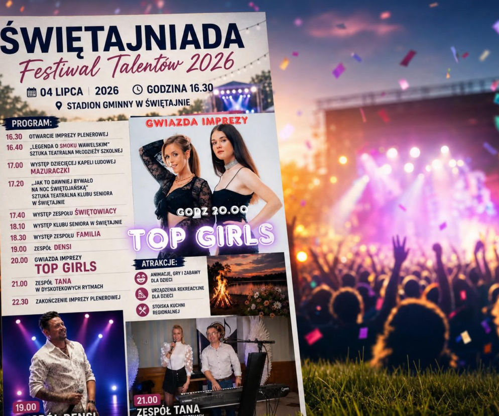 Plakat Świętajniady 2026 na tle tłumu pod sceną. O szczegółach koncertu Top Girls przeczytasz na VOX FM.