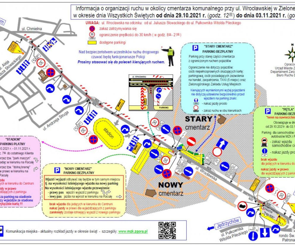 Mapa zmian w organizacji ruchu 1 listopada w Zielonej Górze