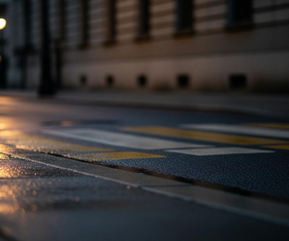 Nawierzchnia chodnika i drogi pokryta jest drobnymi kropelkami wody, co sugeruje, że jest mokra lub padał deszcz. Na pierwszym planie po lewej stronie znajduje się chodnik w ciemnoszarym kolorze, a dalej widoczna jest jezdnia z pasami dla pieszych, naprzemiennie białymi i żółtymi. W tle po lewej stronie widać rozmyte, jasne światło, prawdopodobnie ulicznej latarni, której odbicie oświetla fragment mokrej jezdni ciepłym, pomarańczowo-żółtym blaskiem. Za jezdnią rozciąga się niewyraźna fasada budynku o klasycznym wyglądzie, z ciemnymi oknami i kolumnami, co tworzy wrażenie miejskiego krajobrazu o zmierzchu lub wczesnym ranku.