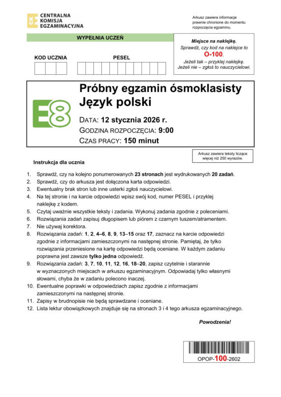 Próbny egzamin ósmoklasisty 2026 CKE: język polski, arkusze CKE, pytania i odpowiedzi