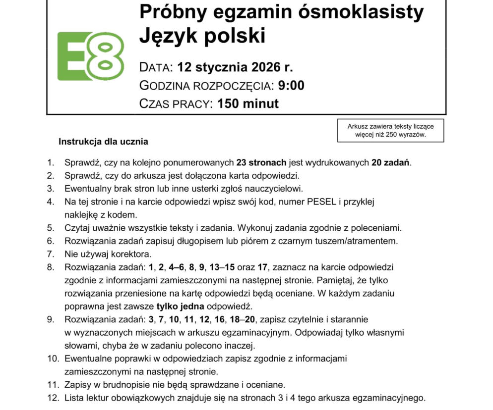 Próbny egzamin ósmoklasisty 2026 CKE: język polski. Są już arkusze CKE, pytania i odpowiedzi [12.01.2026]