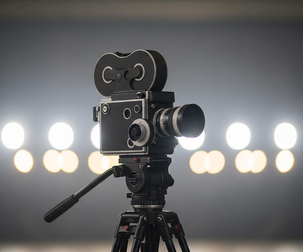 Centralnie umieszczona jest czarna, klasyczna kamera filmowa, wsparta na czarnym statywie. Obudowa kamery ma teksturowaną powierzchnię, z metalowymi, srebrnymi detalami i dwoma dużymi, okrągłymi otworami na górze, przypominającymi bębenki na taśmę filmową. Z przodu kamery wystaje szeroki obiektyw ze srebrnymi i czarnymi pierścieniami. W tle widoczny jest szary, rozmyty obszar z rzędami jasnych, kulistych świateł, które tworzą efekt bokeh, nadając zdjęciu głębi.