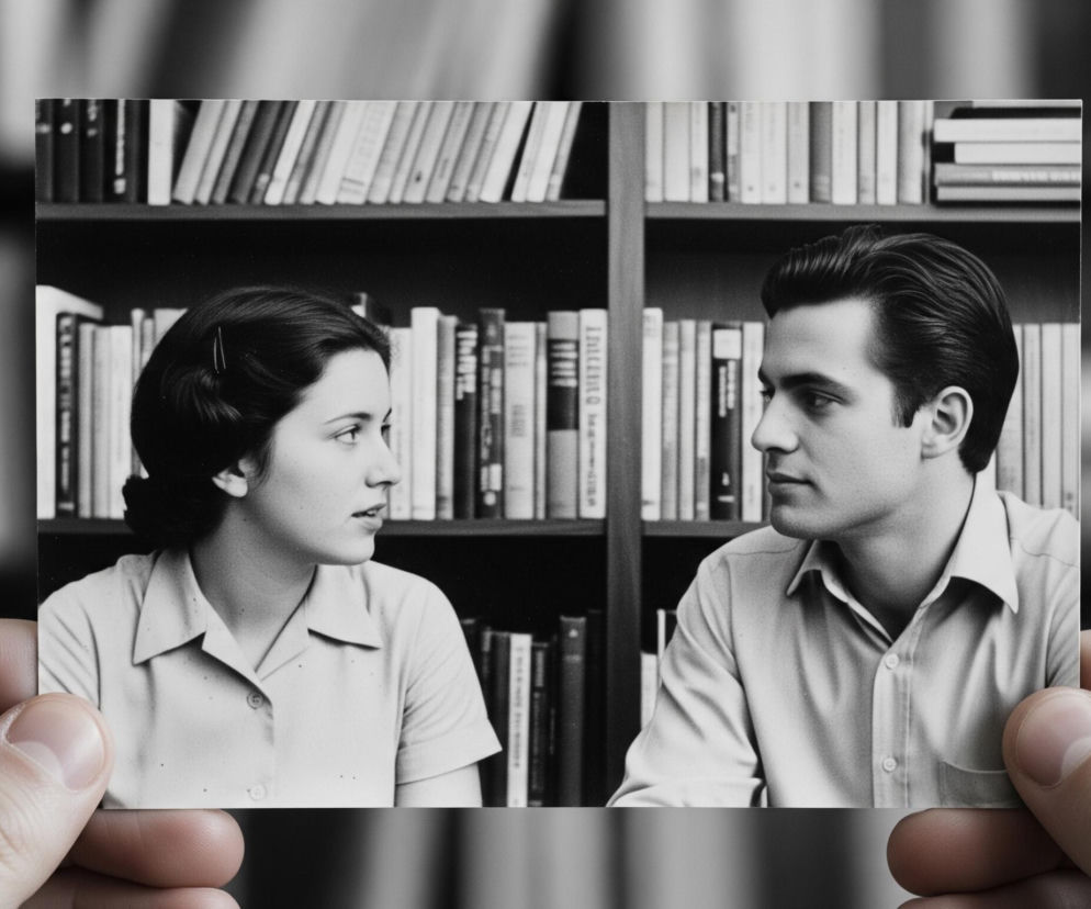 Dłonie trzymają czarno-białe zdjęcie, przedstawiające młodą kobietę i mężczyznę patrzących na siebie. Kobieta po lewej stronie ma ciemne, spięte włosy i nosi koszulę z kołnierzykiem, podobnie jak mężczyzna po prawej, który ma zaczesane do tyłu, ciemne włosy. Za parą widać regał wypełniony książkami, a tło poza zdjęciem, z niewyraźnymi elementami, również ukazuje rozmazane półki z książkami.