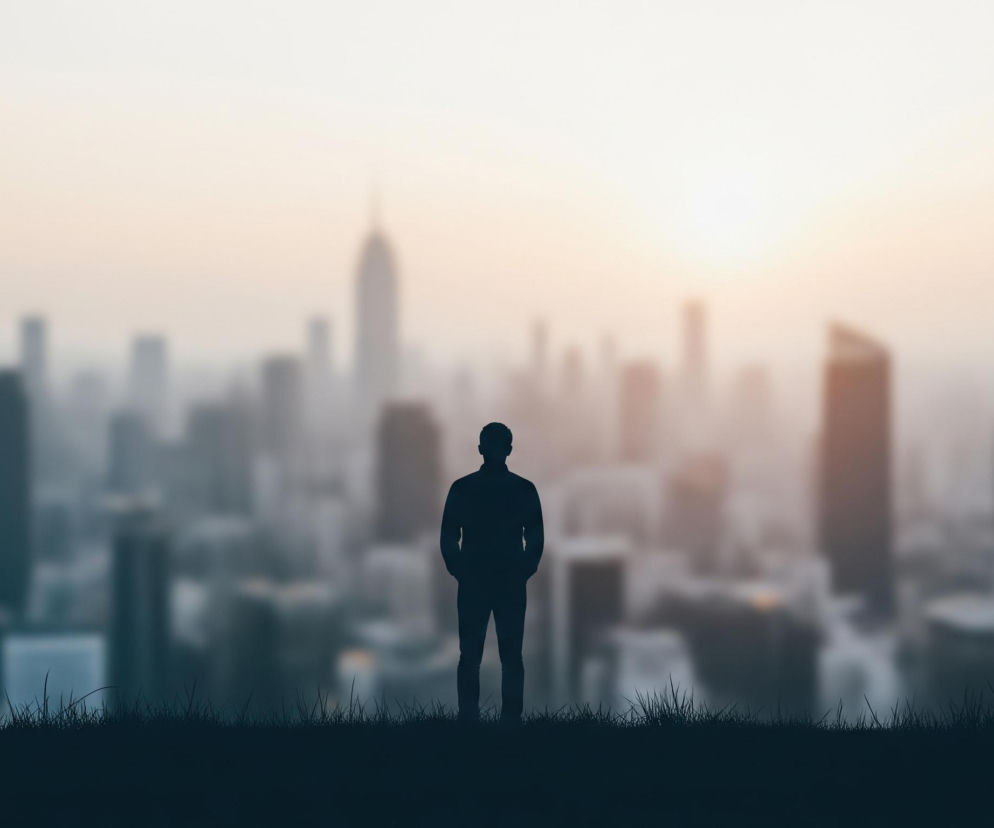 Centralnym elementem obrazu jest ciemna sylwetka mężczyzny stojącego tyłem do widza, z rękami w kieszeniach, na tle rozmytego, miejskiego krajobrazu. Horyzont tworzy rząd ciemnych sylwetek budynków, z dominującym wieżowcem w centrum, przypominającym Empire State Building, oraz niższymi strukturami po obu stronach. Pomiędzy budynkami, w tle, widoczne jest jasne, pomarańczowo-białe światło zachodzącego lub wschodzącego słońca, rozpraszające się na niebie o odcieniach szarości i beżu. Na pierwszym planie znajduje się ciemna, jednolita płaszczyzna z wyraźnymi źdźbłami trawy, na której stoi postać.