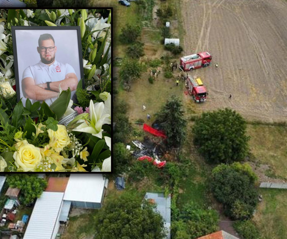 Miejsce katastrofy awionetki z lotu ptaka. Na wstawce portret Jakuba Pracharczyka w kwiatach. Więcej przeczytasz na SE.