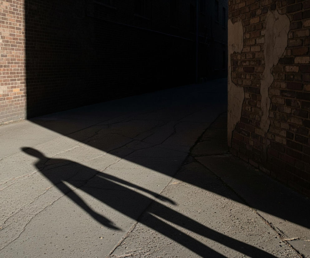 Ciemny, wydłużony cień przypominający sylwetkę człowieka z wyraźnie zarysowaną głową i kończynami rozciąga się na jasnoszarym, nierównym chodniku. Ciekawe pęknięcia i nierówności tekstury pokrywają powierzchnię chodnika, wzbogacając jego wizualny wygląd. Z lewej strony obrazu widoczna jest ceglana ściana w odcieniach brązu, na której częściowo pada światło. Po prawej stronie, w głębi, kolejna ceglana ściana z widocznymi ubytkami tynku zanurza się w głębokim cieniu, tworząc kontrast. Cała prawa strona i dalsza część uliczki są pogrążone w mroku, co wzmacnia poczucie tajemniczości i głębi.