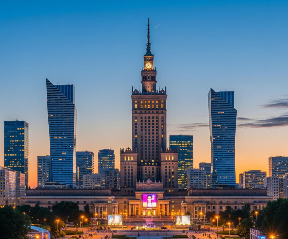 Wysoki, piaskowy budynek z wieżą zegarową i iglicą dominuje centralnie w panoramie miasta, oświetlony od wewnątrz żółtymi światłami w oknach. Po obu jego stronach wznoszą się nowoczesne, przeszklone wieżowce w odcieniach błękitu i szarości, z których niektóre mają wyraźnie geometryczne, skośne fasady, również rozświetlone żółtymi punktami świetlnymi. Na pierwszym planie widoczne są niższe budynki, szeroka przestrzeń placu z ludźmi i jasnymi latarniami, a także korony drzew w dolnej części kadru. Horyzont na tle nieba przechodzi od głębokiego błękitu na górze do ciepłego pomarańczu i czerwieni tuż nad zabudowaniami, co świadczy o zachodzie słońca lub świcie.
