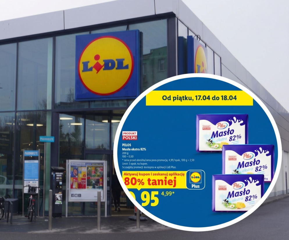 Elewacja sklepu Lidl z widocznym logo. Na pierwszym planie okrągła nakładka promocyjna z ofertą masła ekstra 82% Pilos za 0,95 zł, ważna od 17 do 18 kwietnia. Szczegóły dotyczące promocji w aplikacji Lidl Plus i innych hitów z Lidla na Super Biznes.